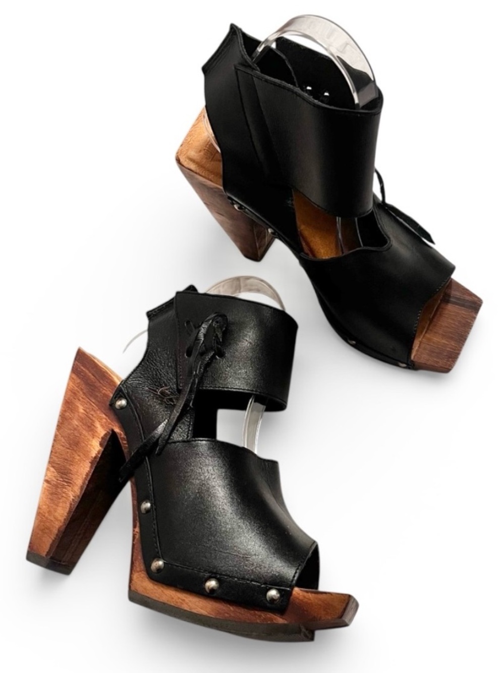 NWOB John Fluevog Rahab Black Leather Wood Lace Up Platform Peep Heel Square 8